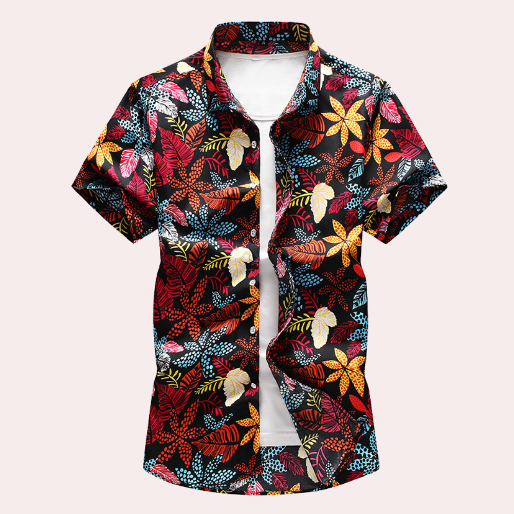 "Blomstret herreskjorte i hawaiistil, tilgjengelig i svart, lyseblå, marineblå og gul for sommerens uformelle antrekk."