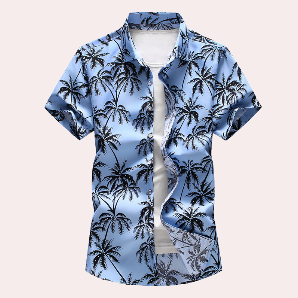 "Blomstret herreskjorte i hawaiistil, tilgjengelig i svart, lyseblå, marineblå og gul for sommerens uformelle antrekk."