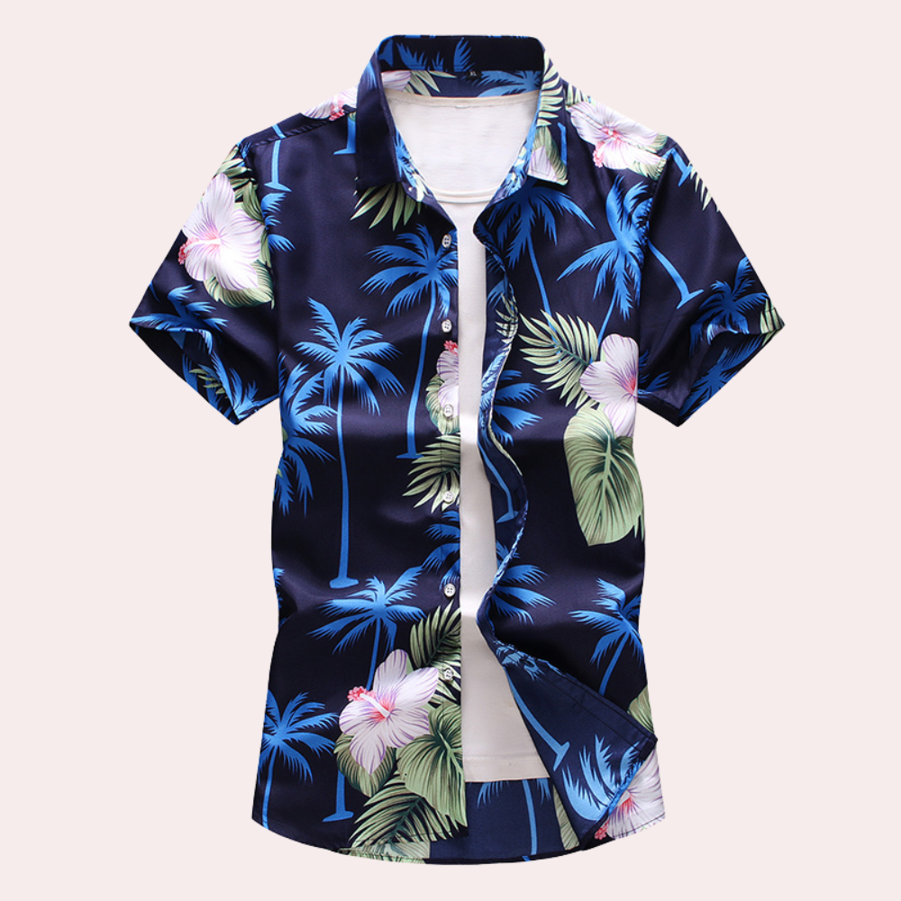 "Blomstret herreskjorte i hawaiistil, tilgjengelig i svart, lyseblå, marineblå og gul for sommerens uformelle antrekk."