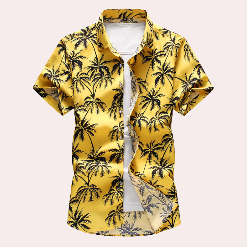 "Blomstret herreskjorte i hawaiistil, tilgjengelig i svart, lyseblå, marineblå og gul for sommerens uformelle antrekk."