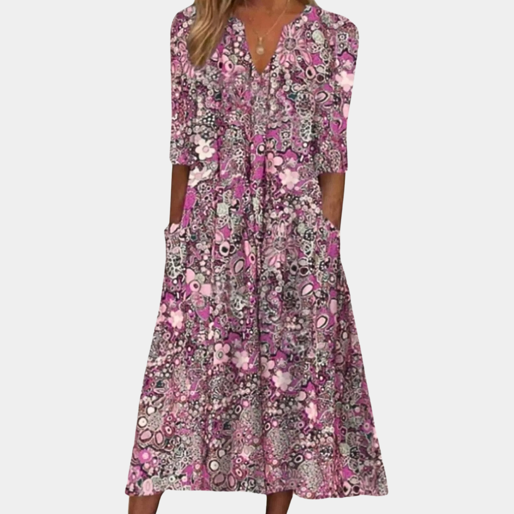 "Blomstret sommerkjole for kvinner, elegant design med fargerikt mønster og lett stoff, perfekt for varme sommerdager."