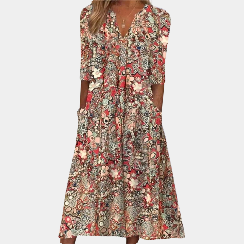 "Blomstret sommerkjole for kvinner, elegant design med fargerikt mønster og lett stoff, perfekt for varme sommerdager."
