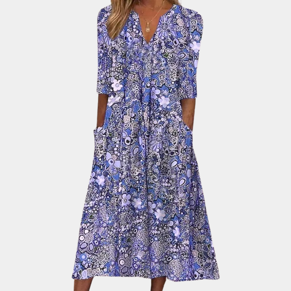 "Blomstret sommerkjole for kvinner, elegant design med fargerikt mønster og lett stoff, perfekt for varme sommerdager."