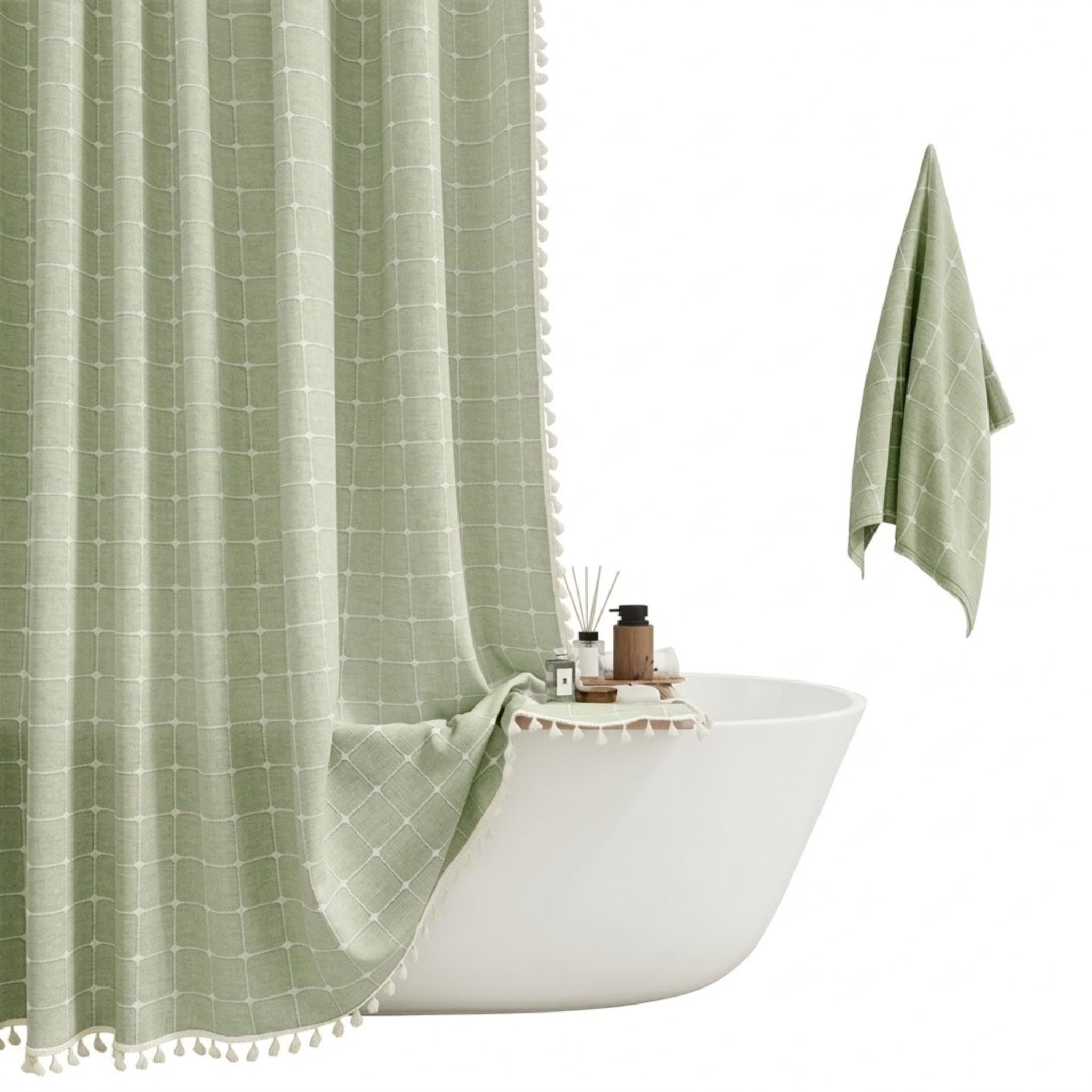 Boho dusjforheng med dusker for baderom, vanntett tekstil i elegant gårdshusstil.