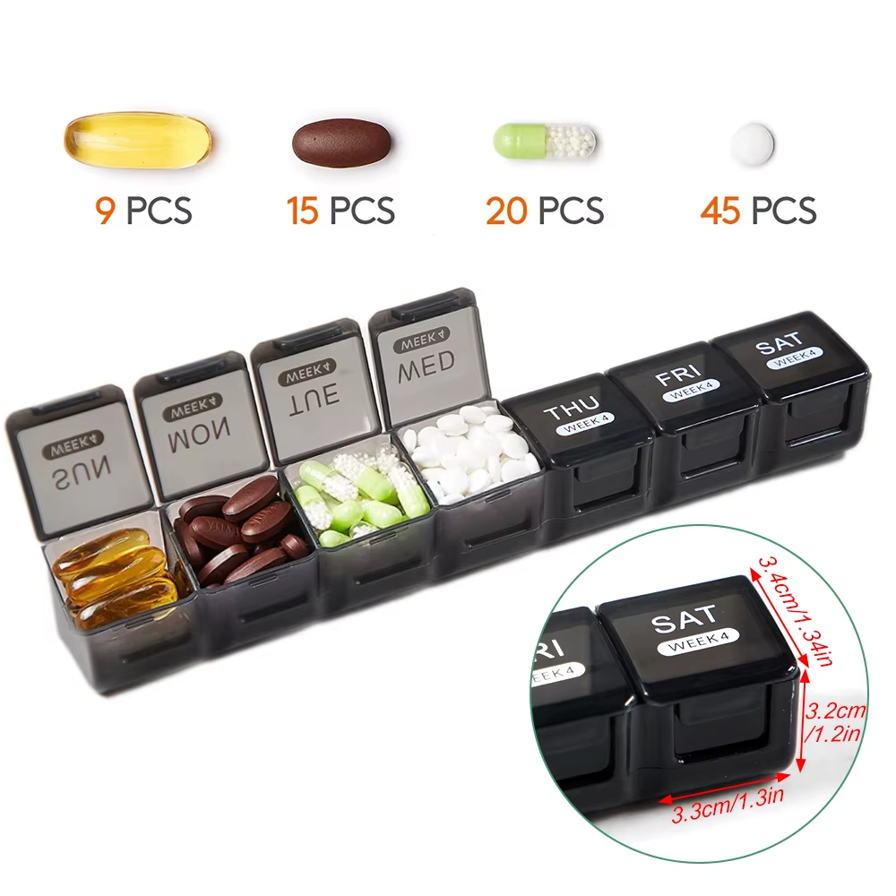Holdbar BPA-fri pilleorganisator for daglig medisin- og vitaminoppbevaring, enkel for uke- og månedsplanlegging.