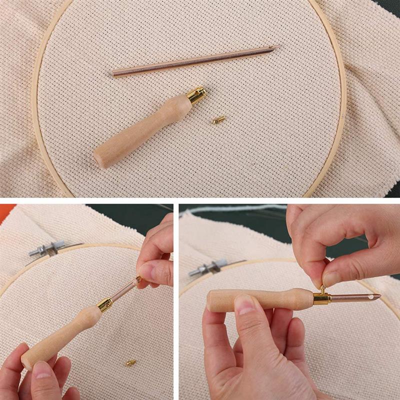 Komplett broderinålesett med solid trehåndtak og diverse nåler for hobbyprosjekter.