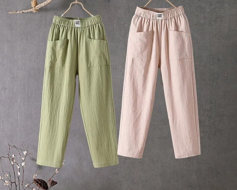 Trendy og komfortable dame baggy bukser med høy midje, perfekt for avslappede dager. Bomullsbukser.
