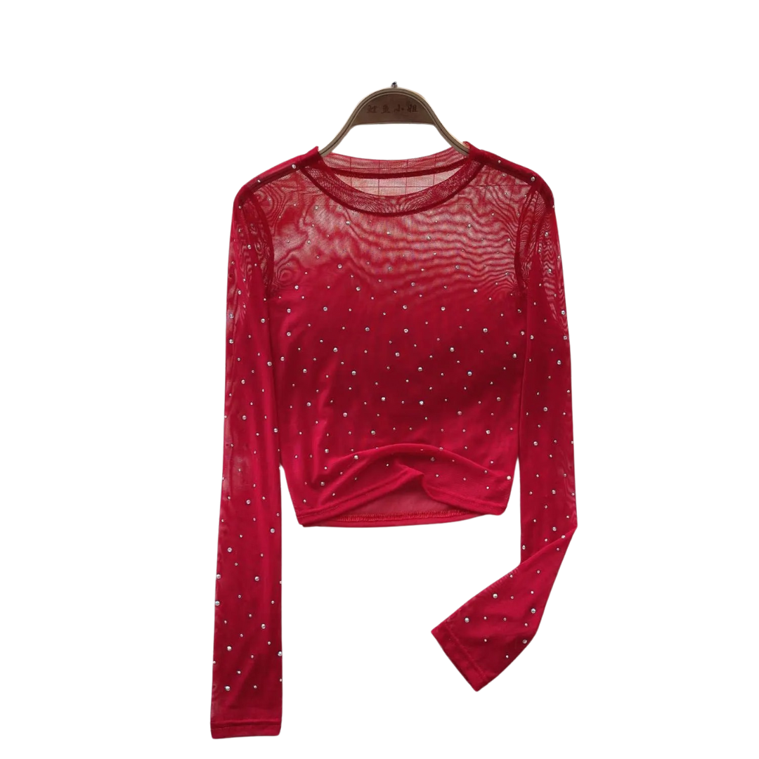Dame glitrende langermet crop topp med rhinestones, ideell for festantrekk.