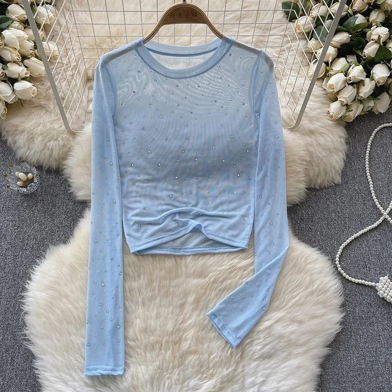 Iøynefallende glitrende langermet crop topp, dame festtopp med skinnende rhinestones.