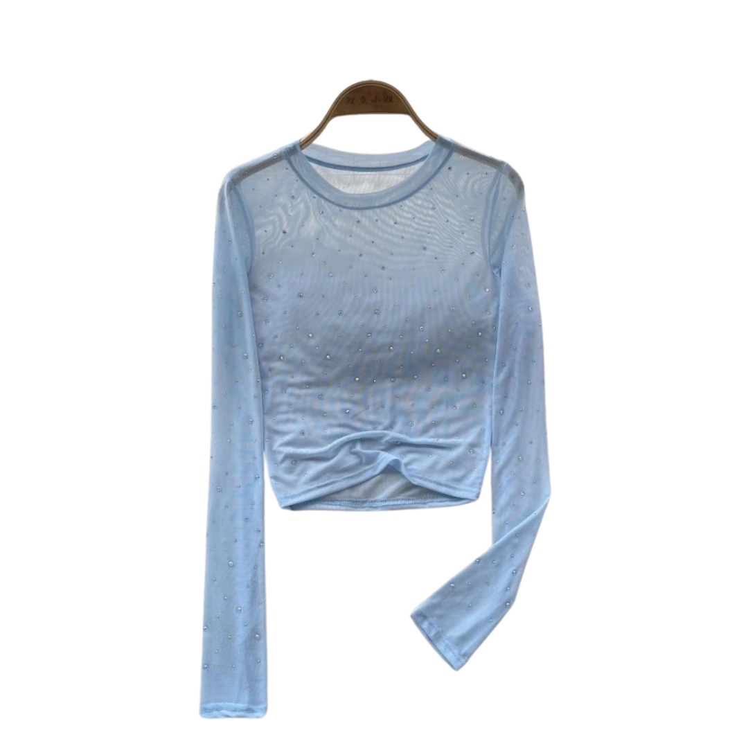 Stilfull langermet crop topp med glitter og rhinestones, perfekt kveldsantrekk.