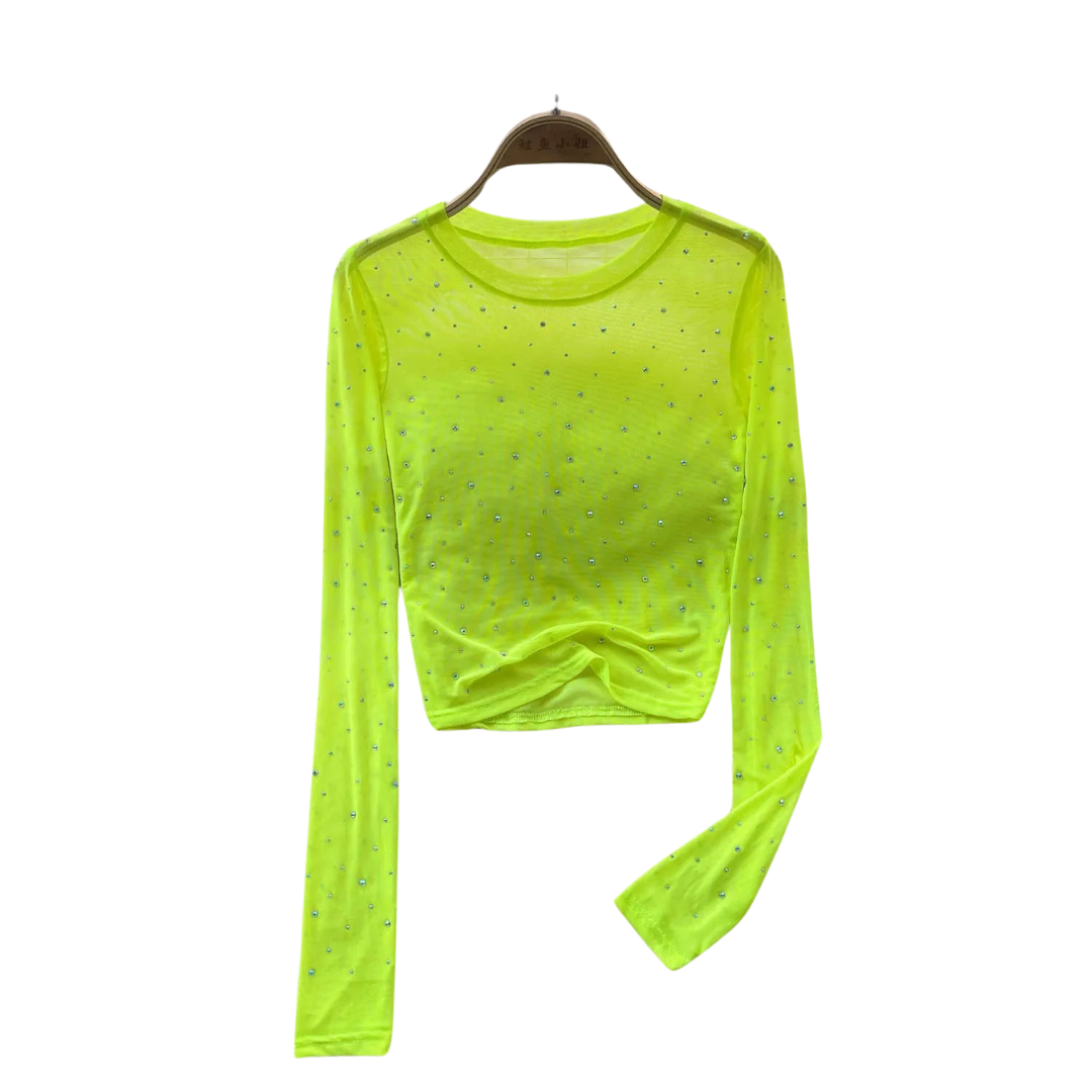Trendy glitrende langermet crop topp med rhinestones, en moteerklæring for dame.