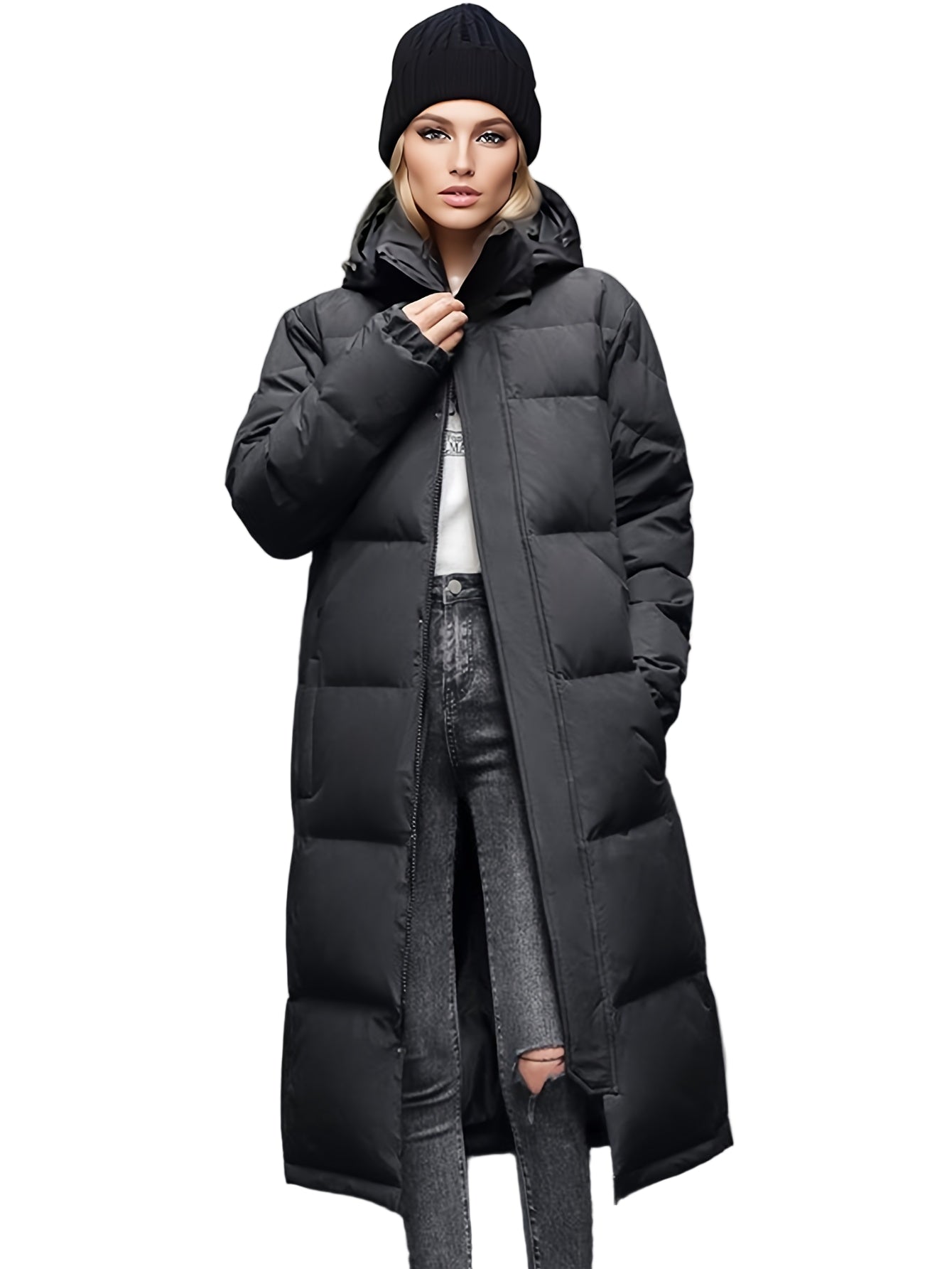 Dame lang oversized dunjakke med hette. Varm, stilfull vinterjakke i quiltet design for komfortabel vintermote.