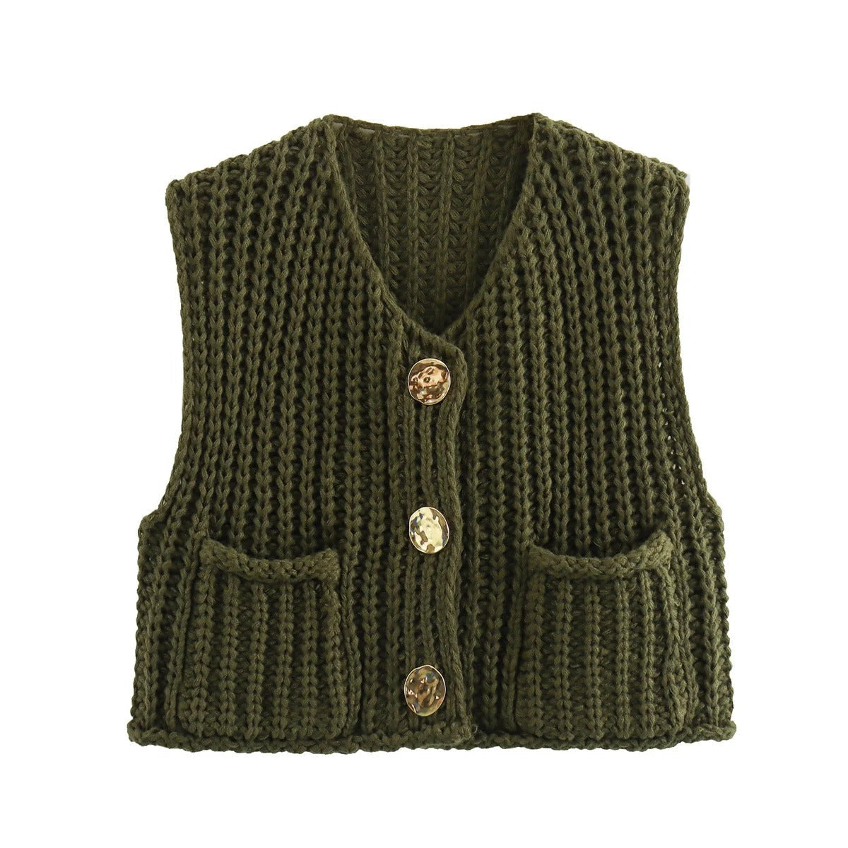 Ermeløs strikkevest for kvinner med moderne metallknapper. Ideell for hverdagsmote og lagpålag.