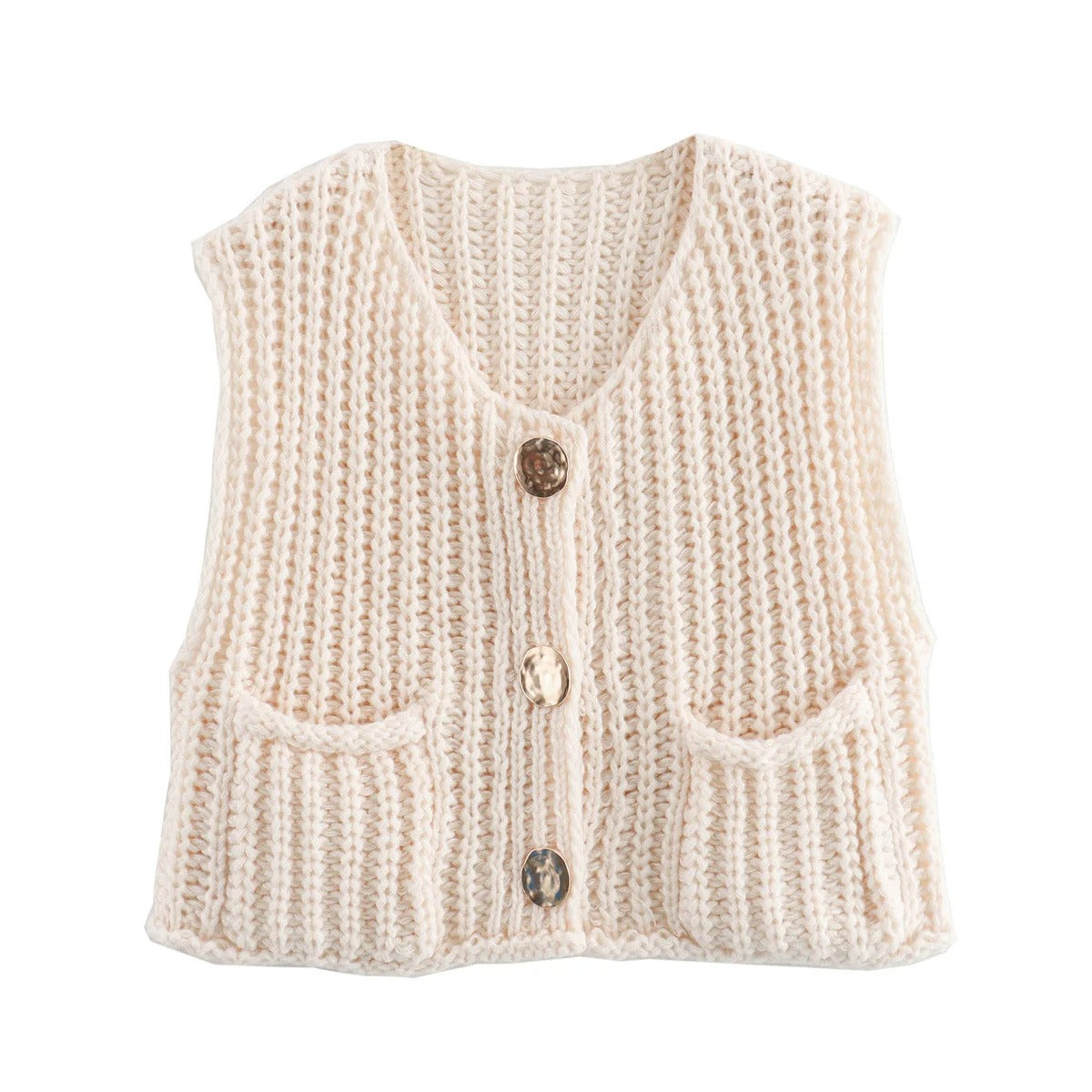 Stilig dame strikkevest med unike metallknapper. Komfortabel og chic for enhver anledning.