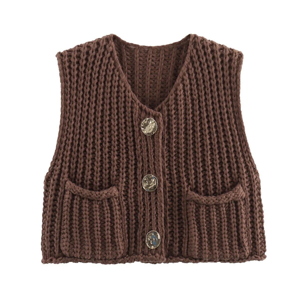Moderne strikkevest til dame med metallknapper. Perfekt for en stilig og avslappet look.