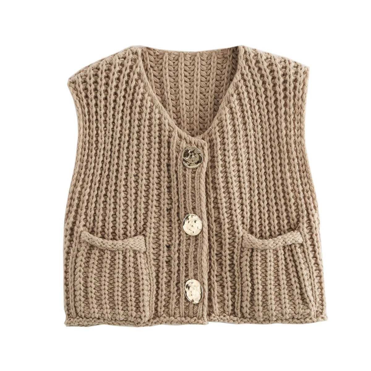 Hverdags strikkevest for kvinner med glinsende metallknapper. En komfortabel og trendy damevest.