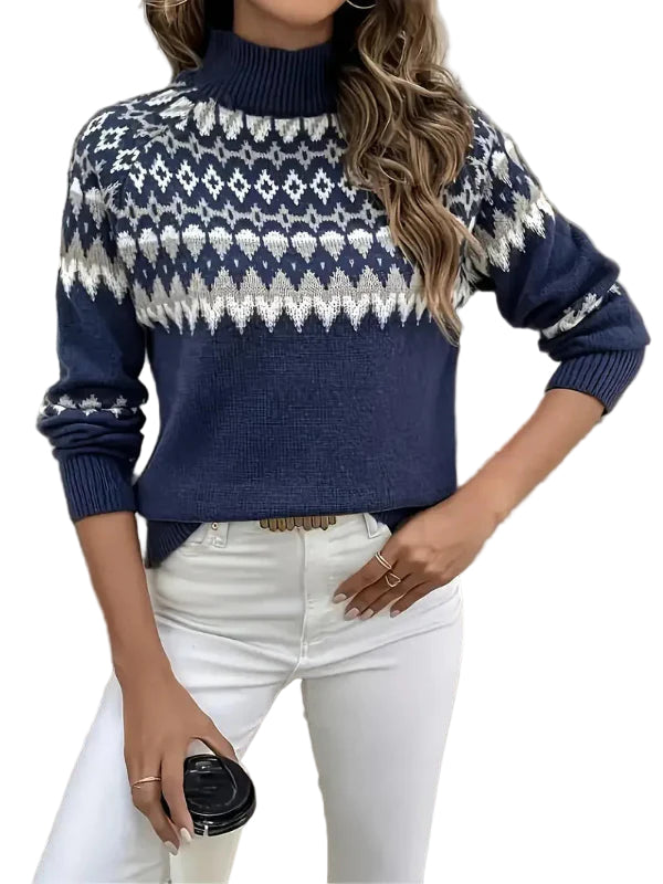 Dame turtleneck ullgenser med geometrisk mønster og ribbestrikkede kanter. Varm, elegant strikkegenser for høst/vinter.