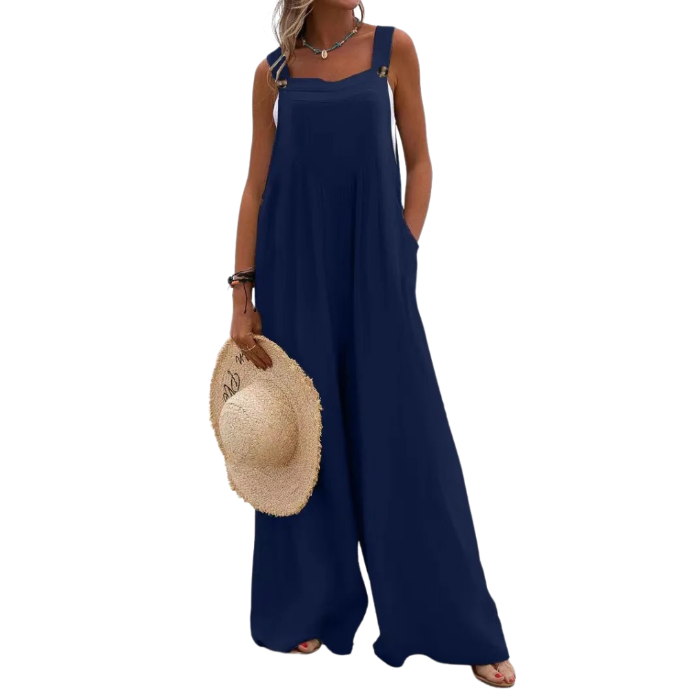 Vidbeint damejumpsuit, stilfull med brede bukseseler, komfortabel for hverdagsmote og sommer.