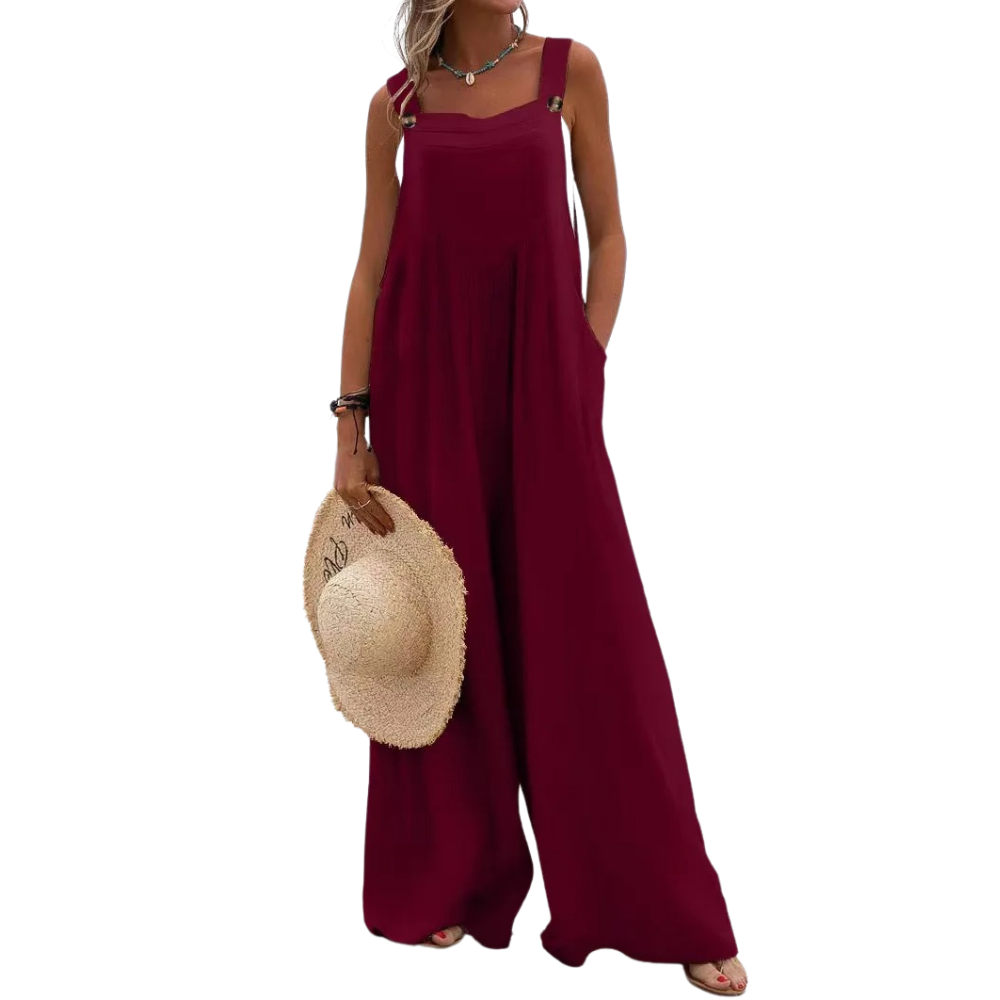 Komfortabel damejumpsuit med brede bukseseler, vidbeint stil, ideell for damemote og sommer.