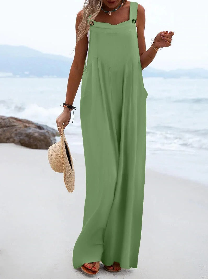 Stilfull jumpsuit for damer med brede bukseseler, løs passform, ensfarget for hverdagsbruk.