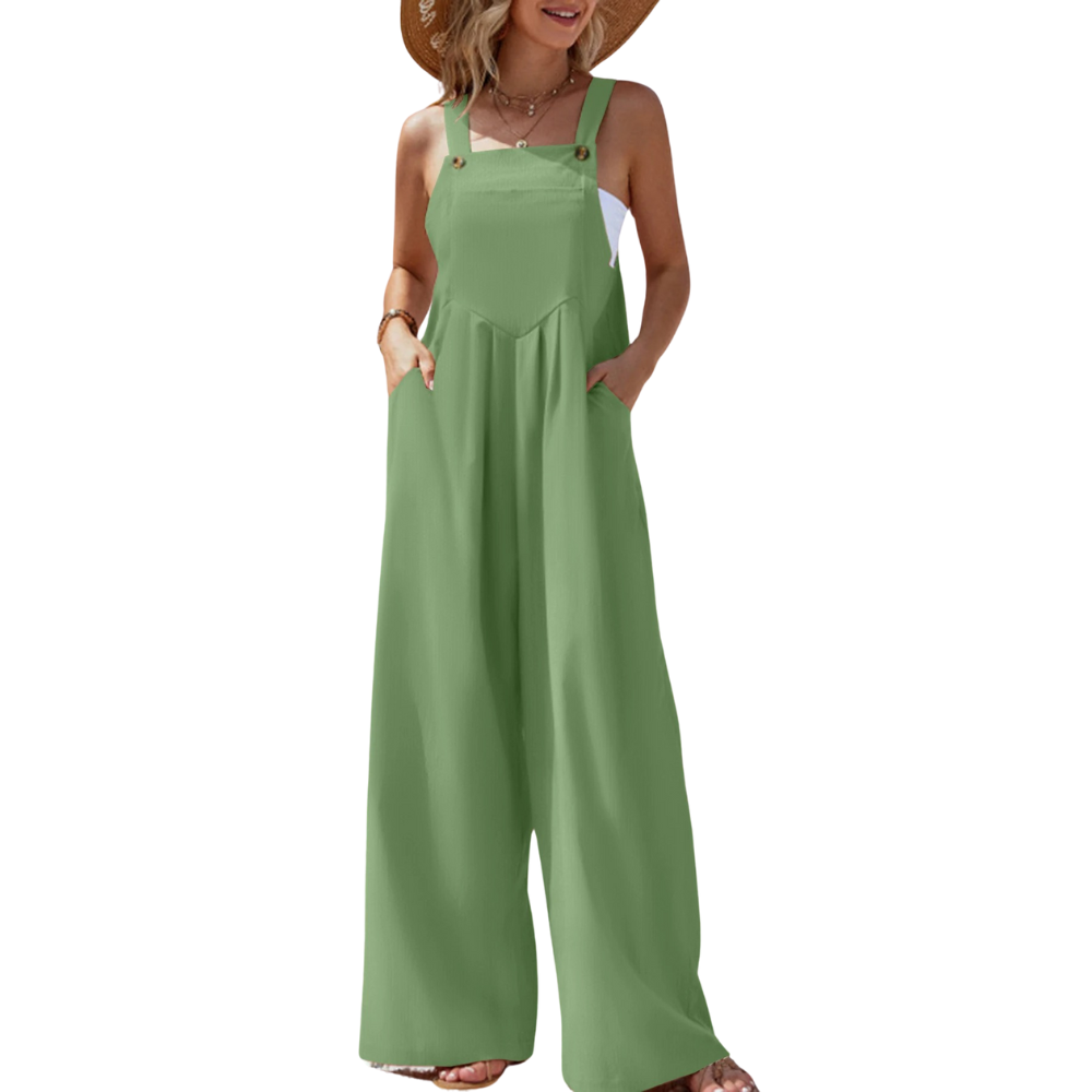 Stilfull vidbeint damejumpsuit, ensfarget med brede bukseseler, perfekt for ferie og avslappet stil.