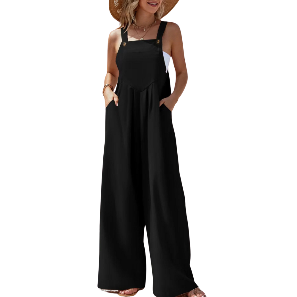 Komfortabel damejumpsuit i løs passform, med brede bukseseler, ideell for sommer og hverdagsbruk.