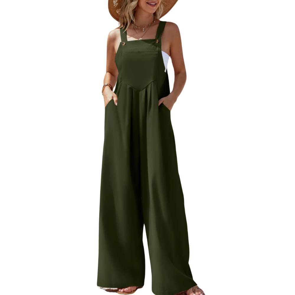 Elegant damejumpsuit med brede bukseseler, vidbeint design, stilfull for damemote og ferie.