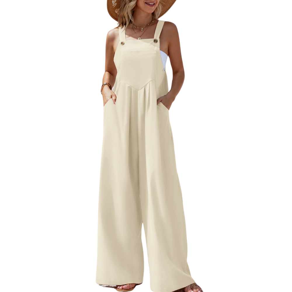 Ensfarget damejumpsuit, avslappet passform med brede bukseseler, komfortabel for sommer og hverdagsmote.