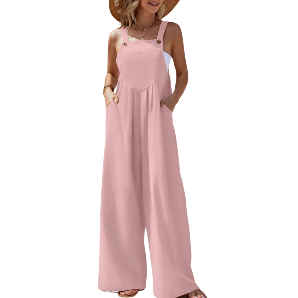 Sommerlig damejumpsuit med brede bukseseler, vidbeint og komfortabel, perfekt for avslappede dager.