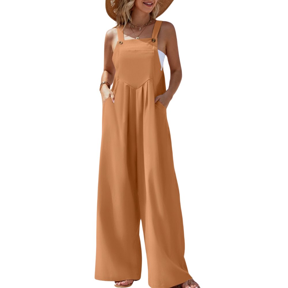 Damemote: Løs passform damejumpsuit med brede bukseseler, vidbeint for sommer og komfort.