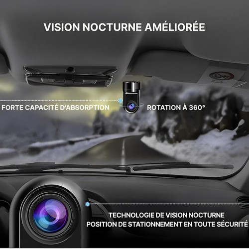 Universal dashcam montert i et kjøretøy, aktiverer parkeringsmodus for 24/7 overvåking.