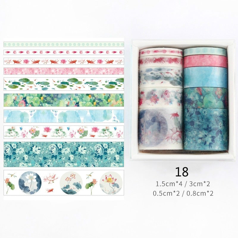 Washi Tape-sett med geometriske mønstre, perfekt for moderne scrapbooking og kunst.