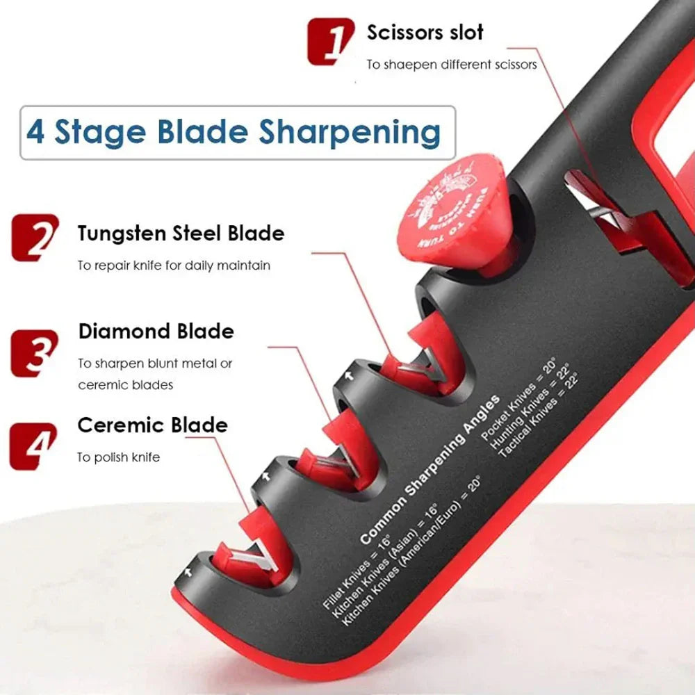 Ergonomisk knivsliper med 4 trinn for alle dine kjøkkenkniver. Holder dem skarpe for bedre matlaging.