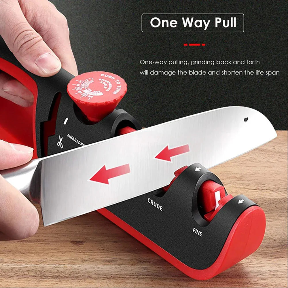 Håndholdt 4-i-1 knivsliper i moderne design. Slipper enkelt kniver; perfekt for knivvedlikehold hjemme.