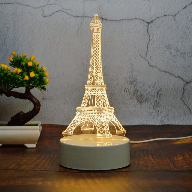 Eiffeltårn 3D bordlampe med USB-tilkobling, viser illusjonseffekten for stemningsfull belysning