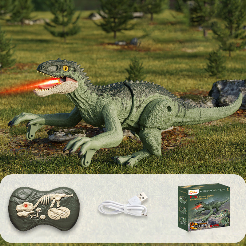 Oversiktsbilde av alle funksjonene: røyk, lys og bevegelse på en fjernstyrt dinosaurleke.