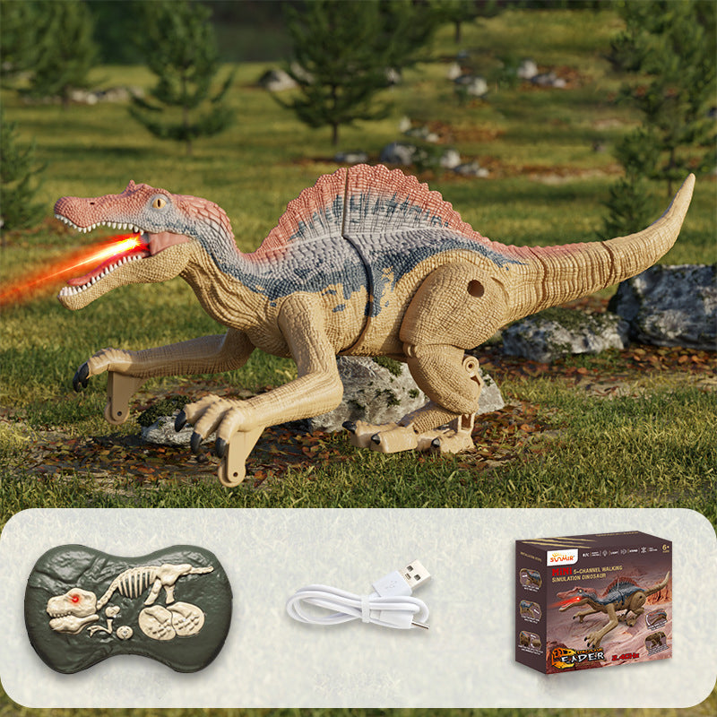 To barn som konkurrerer med hver sin fjernstyrte dinosaur, en Velociraptor og en T-Rex.