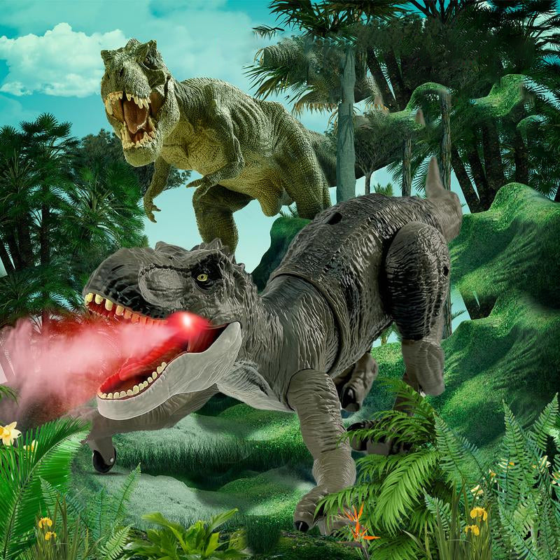 Fjernstyrt T-Rex i en lekesituasjon, viser dens evne til å bevege seg og avgi lys.