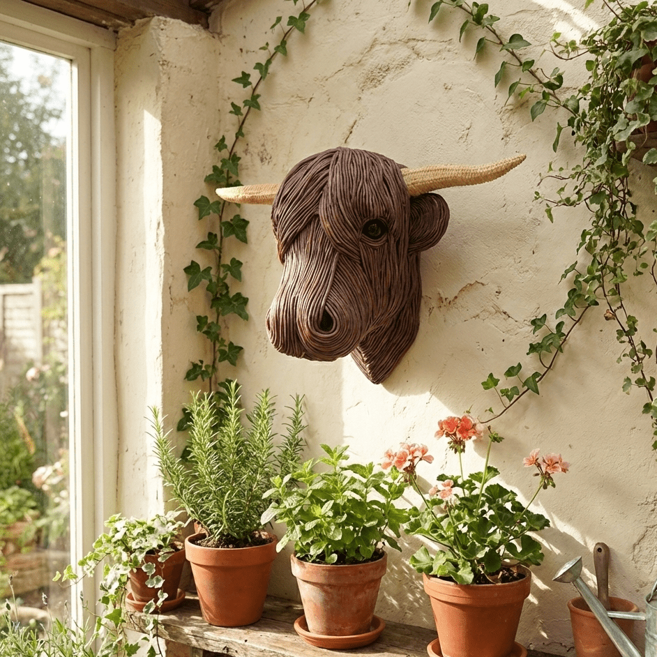 Helbilde av stor vegansk kuveggskulptur i rustikk, landlig veggkunststil.