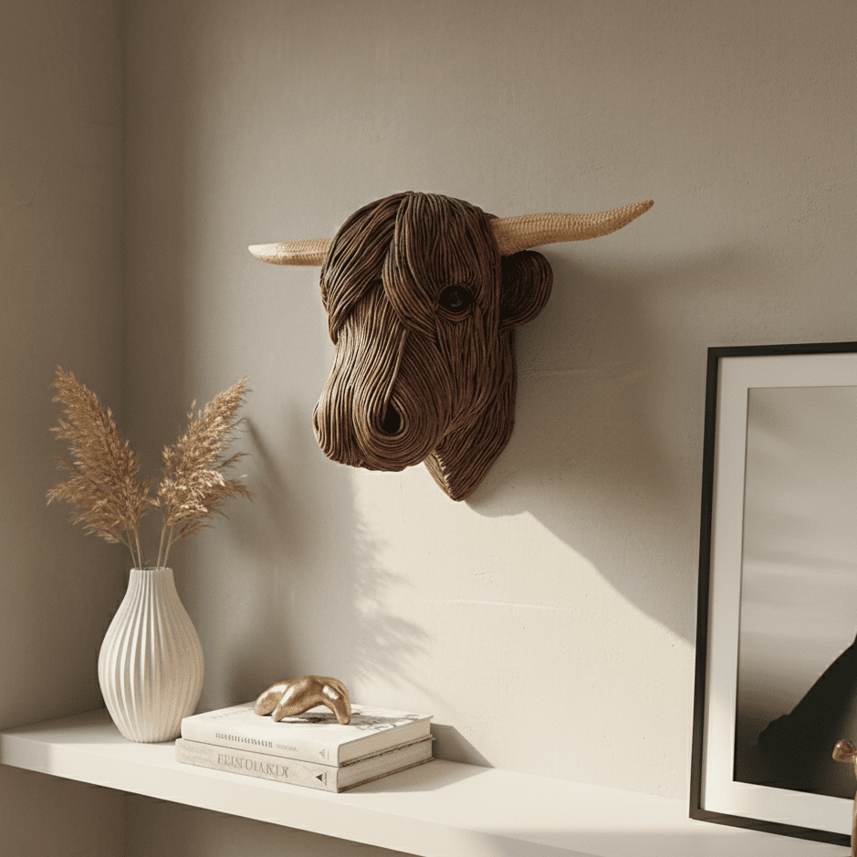 Sidestilt bilde av vegansk kuveggskulptur som veggdekor i landlig stil.