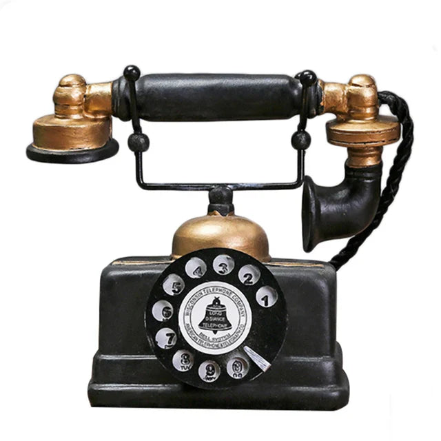 Detaljert sort retro telefon i antikk stil, harpiks, med roterende nummerskive, perfekt som interiørdekorasjon.