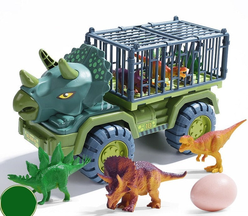 Detaljert bilde av en leketøy lastebil med dinosaurtema, engasjerende for innendørs lek og barn.