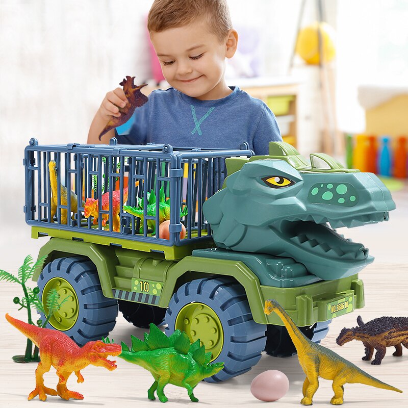 Gutt som gleder seg over sin nye dinosaur lastebilleke, fremmer pedagogisk lek og kreativitet.