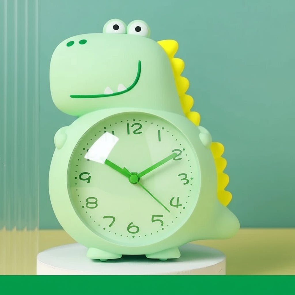 Søt dinosaur barneklokke med vekkelys, dobbel alarm og temperaturvisning, grønn farge.