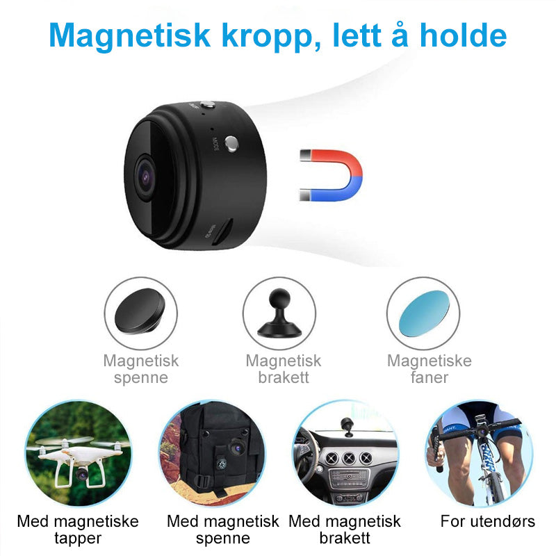 "Diskret 1080p WiFi mini kamera med magnetisk base og bred synsvinkel, enkelt å plassere på metalloverflater."