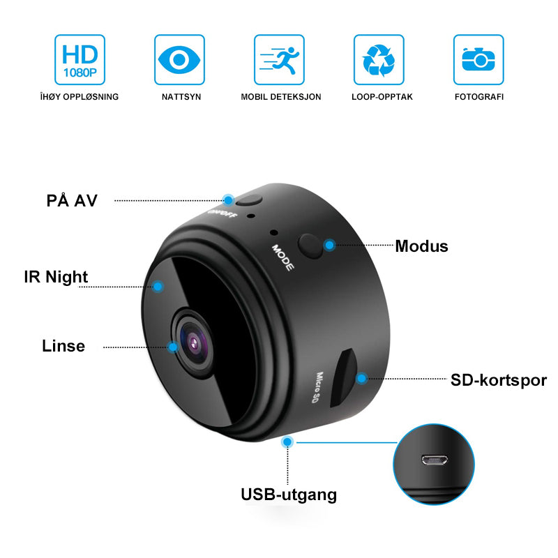 "Diskret 1080p WiFi mini kamera med magnetisk base og bred synsvinkel, enkelt å plassere på metalloverflater."
