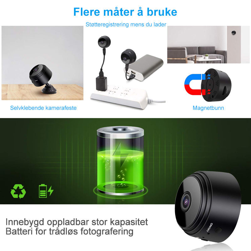 "Diskret 1080p WiFi mini kamera med magnetisk base og bred synsvinkel, enkelt å plassere på metalloverflater."
