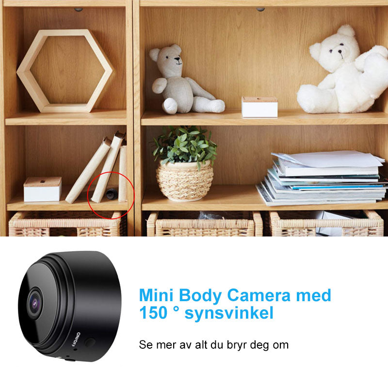 "Diskret 1080p WiFi mini kamera med magnetisk base og bred synsvinkel, enkelt å plassere på metalloverflater."