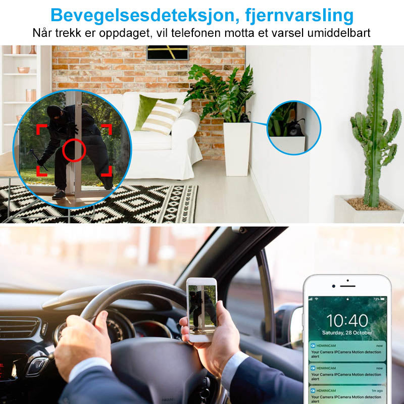 "Diskret 1080p WiFi mini kamera med magnetisk base og bred synsvinkel, enkelt å plassere på metalloverflater."