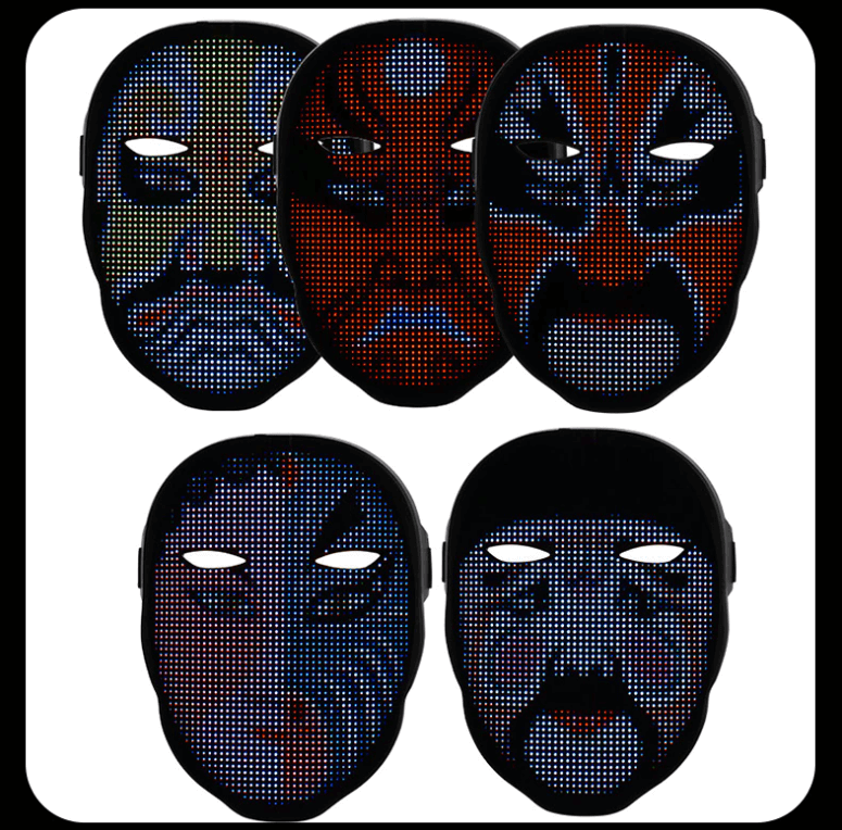 Gruppe mennesker feirer Halloween med programmerbare LED-masker og Bluetooth-kontroll på en fest.